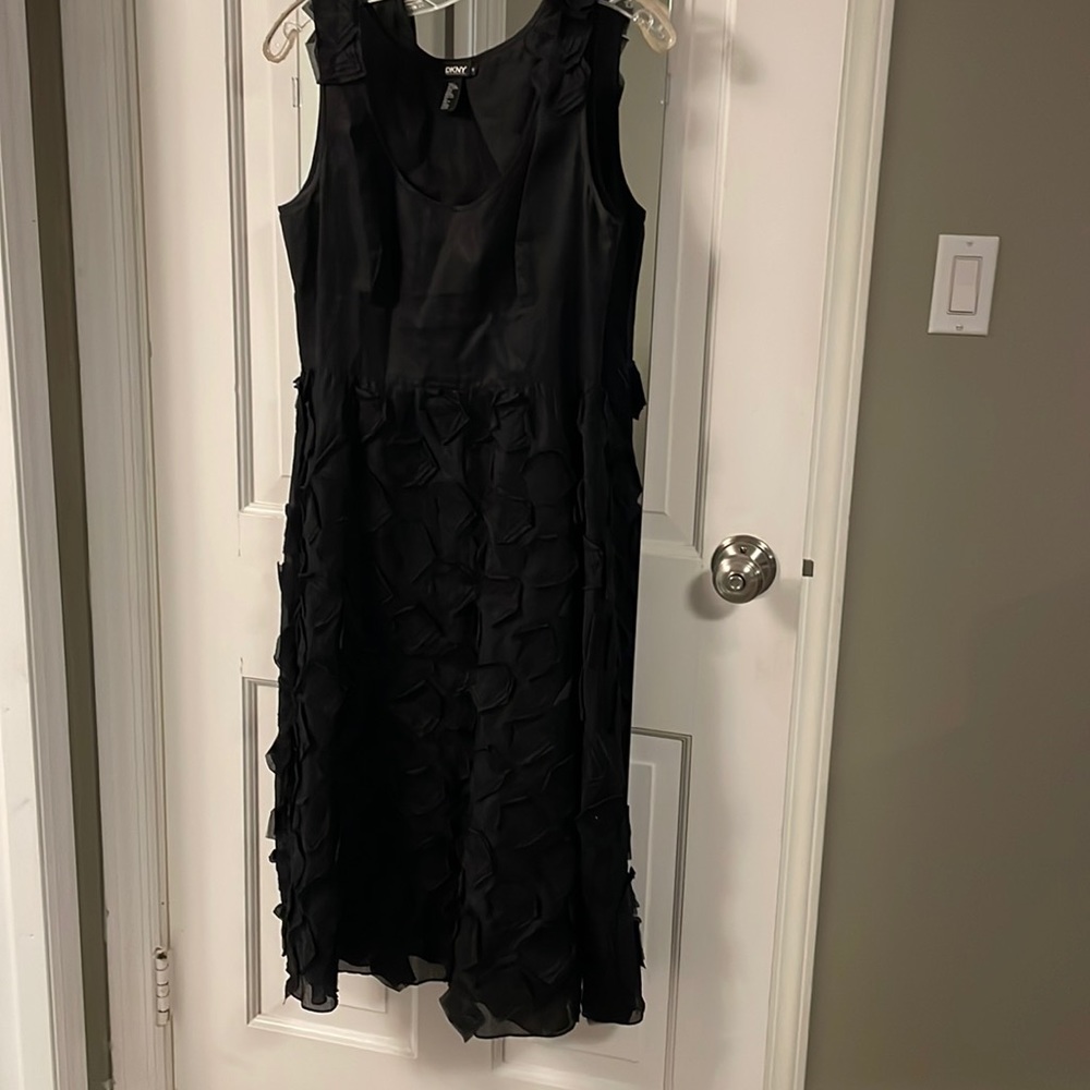 DKNY black dress with embellished flowers